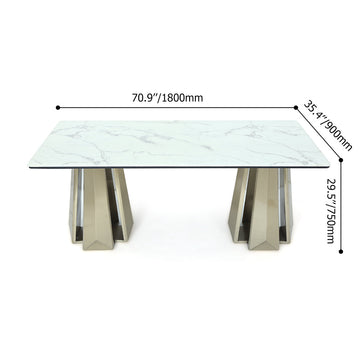 78.7" White Modern Dining Table with Geometric Double Base in Gold Finish